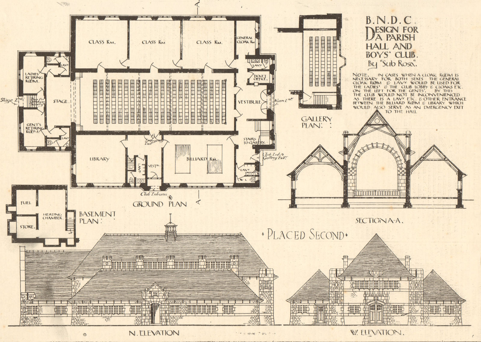 Parish Hall & boys' club design by Sub Rosa. Plans, elevations, section 1908